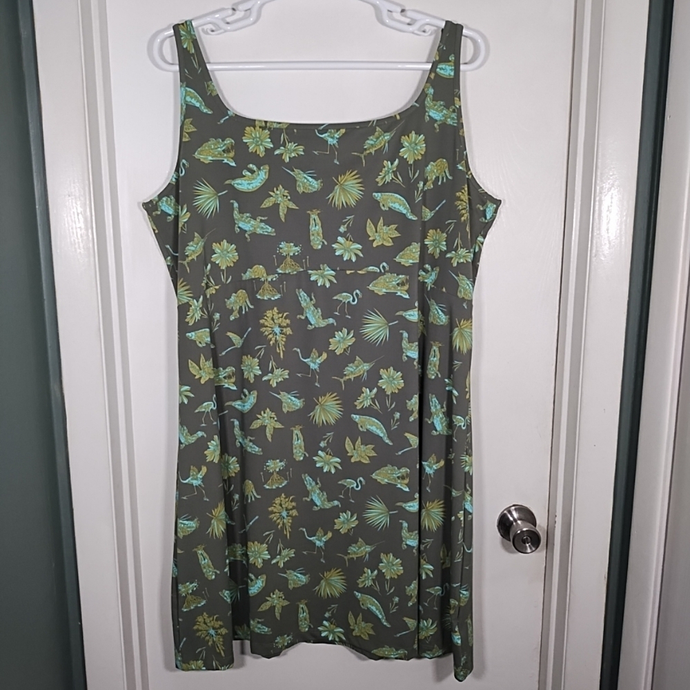 Columbia Olive Green Tropical Print Tank Mini Dress with Teal Accents